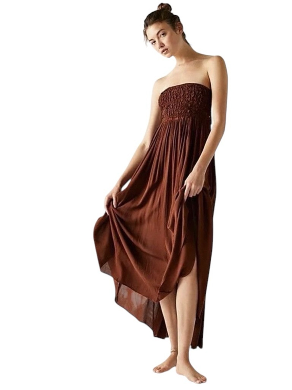 Free People Strapless Smocked Maxi Dress in Chocolate Brown